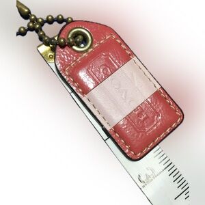 COACH Red White Stripe Leather KEY-FOB Bag Charm Hang Tag Charm 2” Long